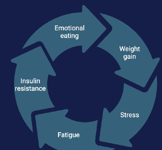 The cycle of emotional eating, weight gain, stress, fatigue, and insulin resistance. Illustration by MJ Soares